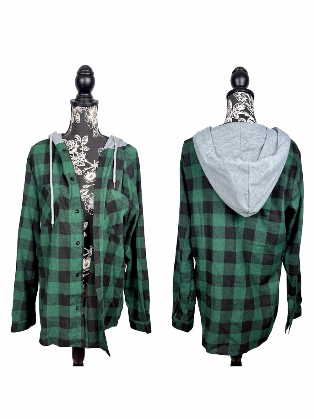 Manfinity green plaid button up grey hooded flannel top size large